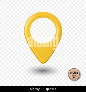 Vector 3d Realistic Yellow Map Pin Icon. Location Marker with Hole. Map Pin Symbol, Map Pin Badge for GPS, Navigation, Address, Place Pointer Stock Vector