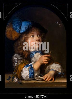 A Boy Blowing Bubbles, by Caspar Netscher, 1670 Stock Photo