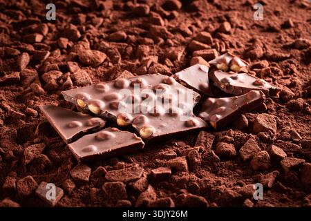 Delicious hazelnut chocolate on cocoa powder and chocolate bars. Hazelnut chocolate on cocoa background. Stock Photo