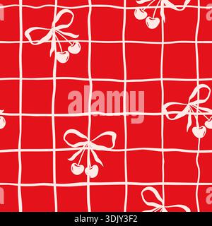 Cherries and Bows Pattern on Red Grid Vector Seamless Pattern, Girly Coquette for Valentines Day Love Gift Wrapping or Greeting Cards, Fabric Textile Stock Vector