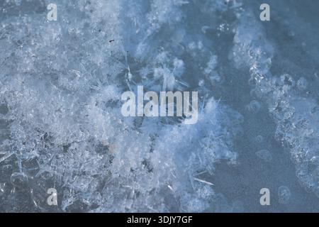 Extreme close up of frozen water surface showing intricate sharp ice crystal formations Stock Photo