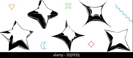 Black y2k stars abstract shapes in 3d inflated style. Grunge balloon icon set for poster, banner, flyer, streetwear print. Techno star design elements collection. Retro trendy illustration. Vector Stock Vector