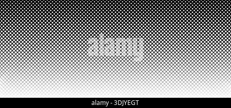 Thick to thin net pattern gradient. Fading grid gradation texture background. Black repeating mesh backdrop for overlay, print, cover, banner, poster. Squared line lattice wallpaper. Vector Stock Vector
