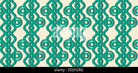 A vibrant retro-inspired pattern featuring vertical intertwined wavy lines and concentric circle motifs in teal. Stock Vector