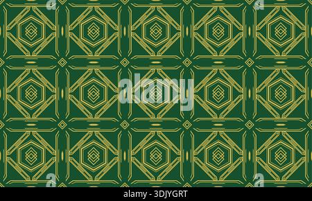 A classic Art Deco geometric pattern featuring elegant gold lines against a forest green backdrop. Stock Vector