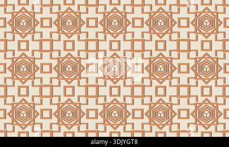 An intricate geometric pattern showcasing isometric cubes within nested hexagons and squares. Rendered in a warm orange and cream palette. Stock Vector