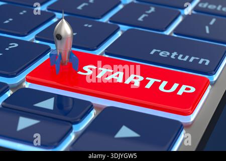 Business startup button on computer keyboard. 3D illustration Stock Photo