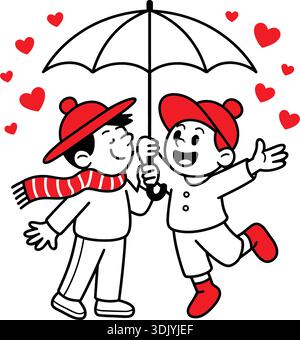 Vector illustration of two happy children sharing an umbrella under a rain of red hearts isolated on white background. Stock Vector