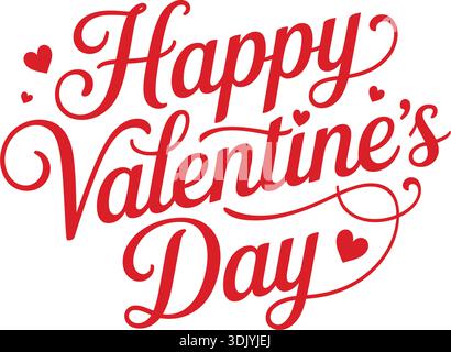 Happy Valentine's Day elegant red vector calligraphy lettering with decorative swirls and floating hearts isolated on white background. Stock Vector