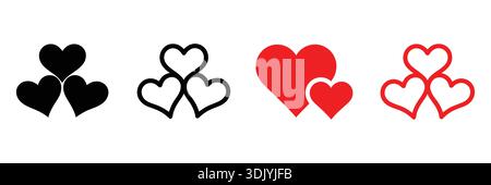 Vector set of heart icons in different styles including solid black, outline, and red filled shapes isolated on white background. Stock Vector