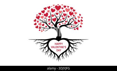 Happy Valentine's Day vector illustration of a stylized tree with red heart-shaped leaves and roots forming a large heart shape. Stock Vector