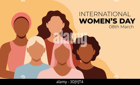 International Women's Day 08th March vector banner featuring a group of diverse women in a flat illustration style. Stock Vector