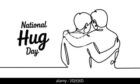 National Hug Day continuous one line drawing vector of two people embracing with black minimalist typography on white background. Stock Vector