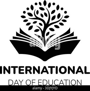 International Day of Education black vector icon featuring a tree of knowledge growing from an open book isolated on white background. Stock Vector