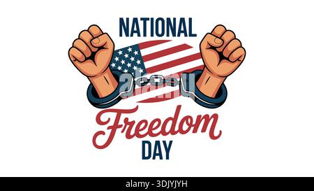 National Freedom Day vector illustration with raised clenched fists in handcuffs and American flag background. Stock Vector