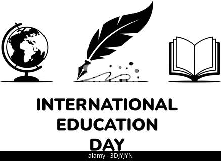 International Education Day black vector icon set with globe, quill pen, and open book symbols isolated on white background. Stock Vector