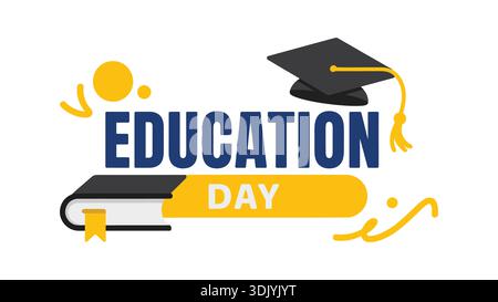 International Education Day banner with graduation cap on a book and yellow decorative elements on white background. Stock Vector