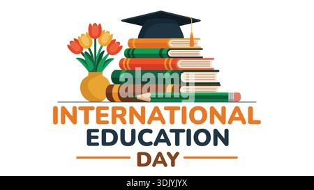 International Education Day banner with graduation cap on a stack of books, pencil and flowers on white background. Stock Vector
