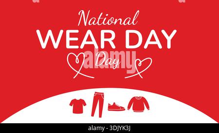 National Wear Red Day awareness banner with heart symbols and clothing icons on a vibrant red and white background. Stock Vector