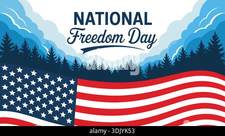 National Freedom Day background with waving American flag, pine forest silhouette, and blue cloudy sky background. Stock Vector