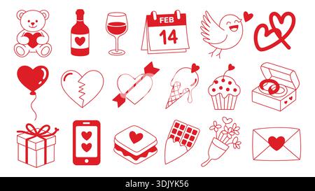 Valentine's day red icons set with romantic symbols like hearts, gift, chocolate and teddy bear on white background. Stock Vector