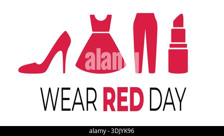 Wear red day awareness poster with red fashion icons dress shoes pants and lipstick on white background Stock Vector