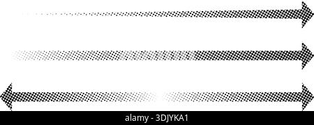 Set of long black arrow symbols with halftone, pixel or grain texture isolated on white background. Direction, motion or forward signs with a faded polka dot pattern. Vector graphic illustrations. Stock Vector