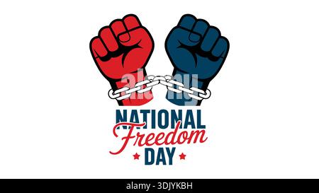 National freedom day illustration with two raised fists in red and blue breaking chains on white background Stock Vector