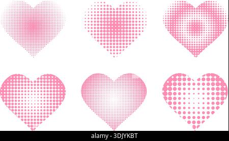 Set of pink dotted heart shapes. Collection of romantic forms with trendy pixel, mosaic, noise or grain texture isolated on white background. Valentine Day design elements. Vector illustrations. Stock Vector