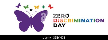 Zero discrimination day awareness banner with colorful butterflies and inclusive message on white background Stock Vector
