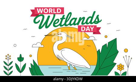 World wetlands day poster with heron bird nature landscape illustration and decorative plants Stock Vector