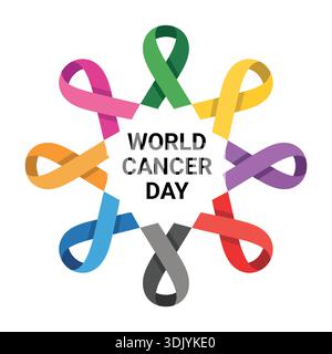 World cancer day awareness poster with multicolor ribbons circle symbol on white background Stock Vector