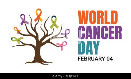 World cancer day awareness poster with tree illustration made of colorful ribbons on white background Stock Vector