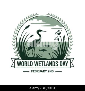 World wetlands day conservation banner with heron bird fish plants and nature landscape illustration Stock Vector