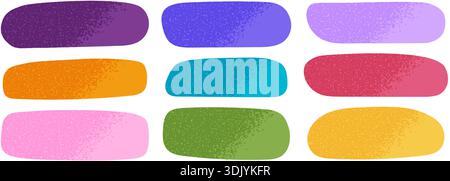 Set of cute shapes in doodle style with grunge texture. Text boxes, labels, tags or speech bubbles isolated on white background. Hand drawn asymmetric geometric forms. Vector flat illustration. Stock Vector