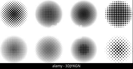 Set of circles with polka dot texture. Round shapes with halftone, noise or grain graphic effect isolated on white background. Circular comic design elements with spotted print. Vector illustration. Stock Vector