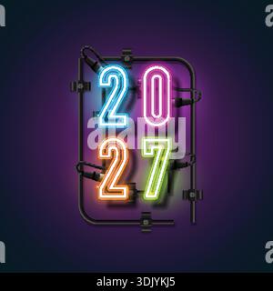 Vibrant multi-colored neon 2027 numbers with realistic black wires and mounting clips. Ideal for 2027 New Year posters, calendars, and party banners. Stock Vector