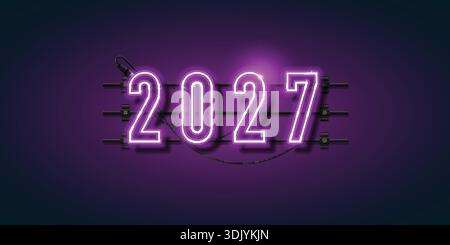 Vibrant purple neon 2027 numbers on a horizontal mounting with realistic electrical cables. Perfect for New Year banners, websites, and calendars. Stock Vector