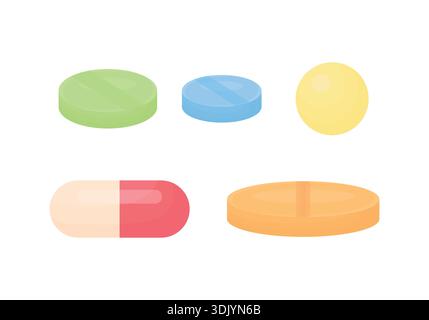 Vector illustration of five different pills shown from side view, isolated on white background. Includes capsules and tablets in various shapes Stock Vector