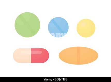 Vector illustration of five different pills viewed from top, isolated on white background. Includes capsules and tablets in various shapes and colors, Stock Vector