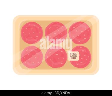 Raw meat patties in packaging on a white background. Semi-finished products. Grocery store. Meat products. Supermarket item. Stock Vector