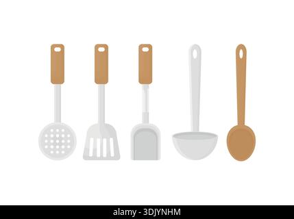Cooking tools on a white background. Kitchen elements. Ladle, spoon, colander, etc. Stock Vector