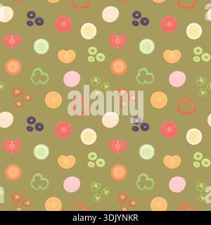 Background with sliced ​​vegetables. Pattern with cucumber, tomato, pepper, eggplant, onion, and carrot. Stock Vector