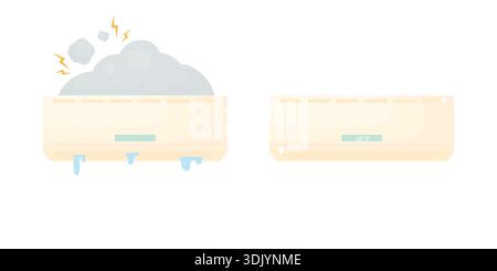 Broken air conditioner and fixed. Air conditioner repair. Air conditioner leaking. Stock Vector