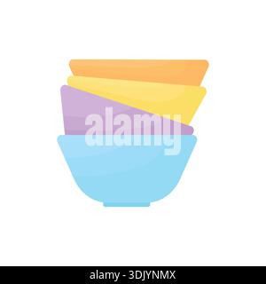 A stack of multicolored plates on a white background. Tableware. Kitchen items. 4 plates in a stack. Stock Vector