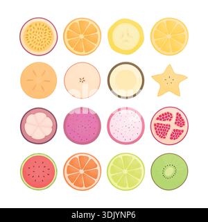 A set of sliced ​​fruits on a white background. Healthy eating. Vitamin-rich foods. Lemon, lime, banana, persimmon, passion fruit, orange. Stock Vector