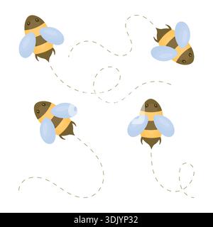 Cute domestic bees flying in different directions. Beekeeping. Honey production concept. Stock Vector