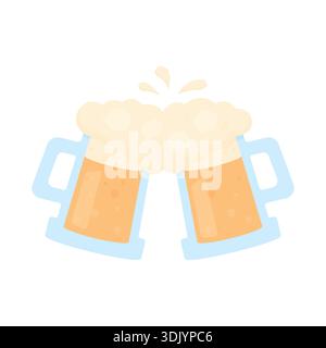 Two mugs of light beer clink glasses a white background. Elements of Oktoberfest. A toast symbol at the festival. Stock Vector