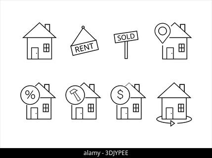 A set of black and white house icons. Icons for house sales, rentals, renovations, and construction. Simple icons. Stock Vector