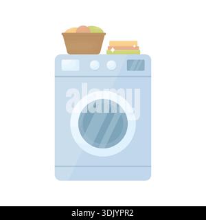 Washing machine with dirty and washed clothes on white background. Washing machine icon. Stock Vector